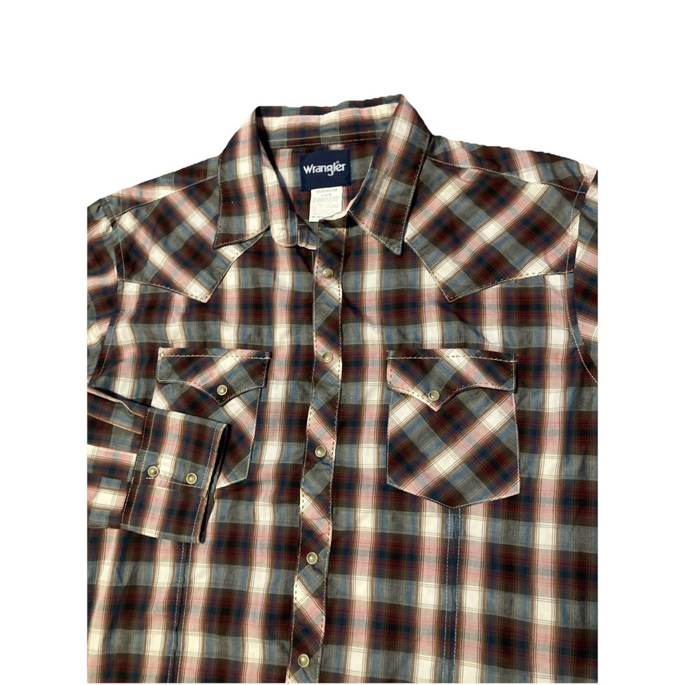 Wrangler Western Shirt Men's Large Pearl Snap Plaid Long Sleeve Brown